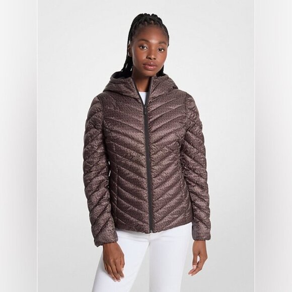 NWT Michael Kors Chevron Logo Print Quilted Nylon Reversible Jacket Size L - Picture 2 of 16